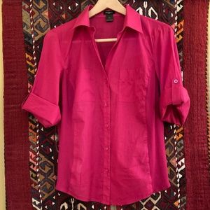 Ann Taylor Fuchsia/Hot Pink Cotton Shirt Loaded w/ Details! Translucent Size 10